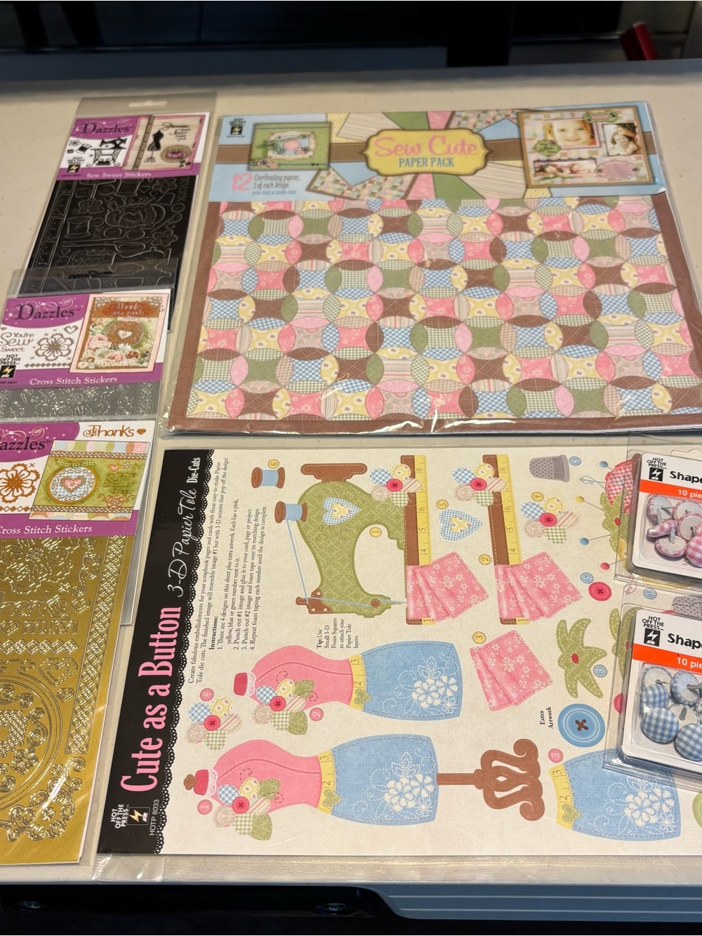 Sew Cute Paper Pack & Cute as a Button Scrapbook Kit - Pink, Blue, Green lot